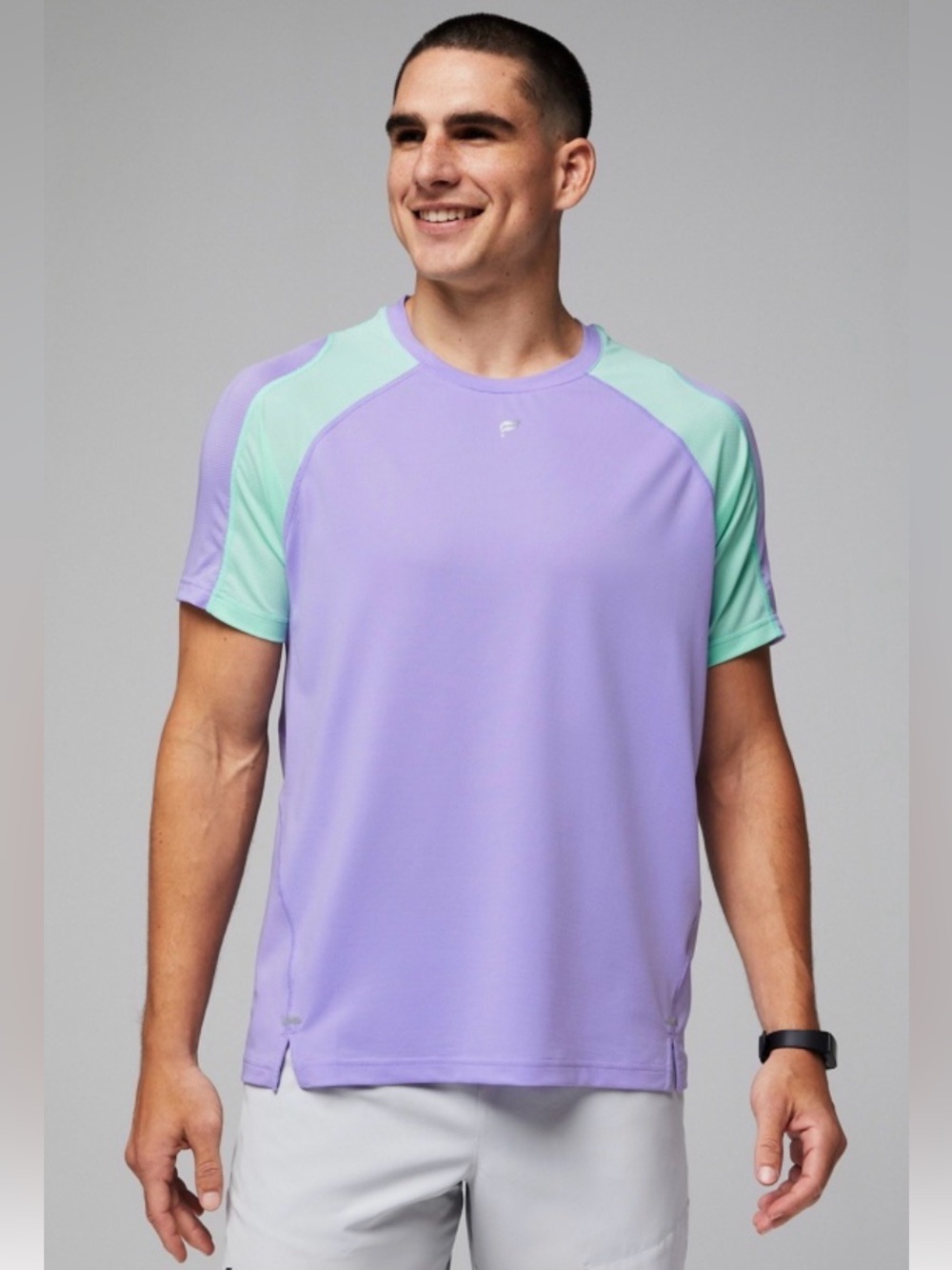 Fabletics “The O2 Performance” athletic shirt in lavender and mint green